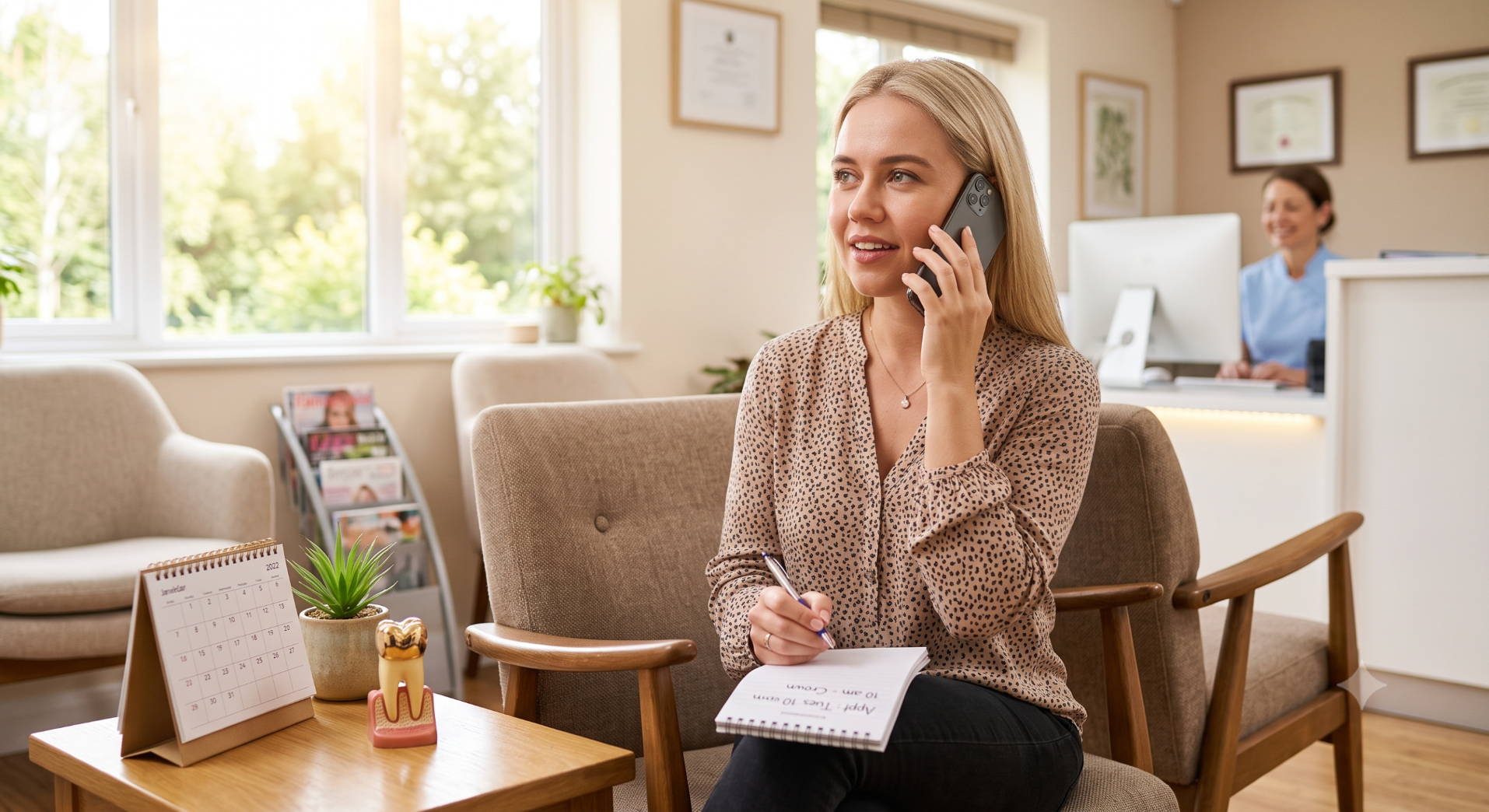 Patient booking on phone in a bright waiting room